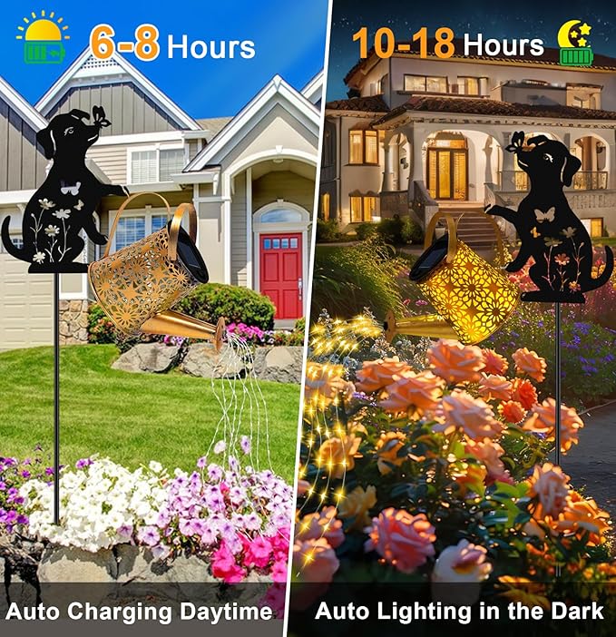 Solar Lights Outdoor Decorative, Watering Can with Cascading Lights, with Dog Silhouette Garden Stakes, Waterproof Metal Garden Decor 2 Pack