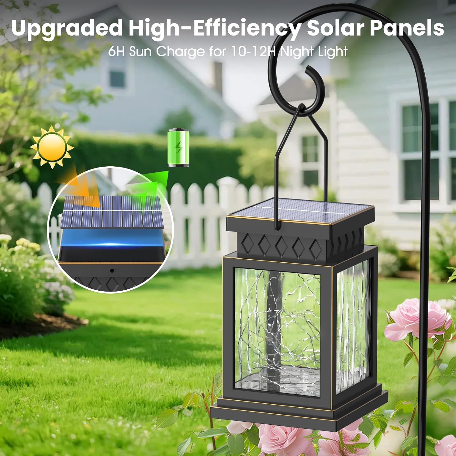 2 Pack Farmhouse Solar Lanterns , Water Ripple Glass & Copper Wire Flickering Light,Outdoor Waterproof Upgraded Solar and 2 AA Batteries Powered, for Outside Porch, Patio and Indoor Tables.