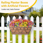 ZeeDix Railing Planter Boxes with Artificial Flowers, 2 Pack 16 Inch Window Box Planter with 24 Pack Fake Flowers for Deck Porch Patio Balcony Garden Home Decor