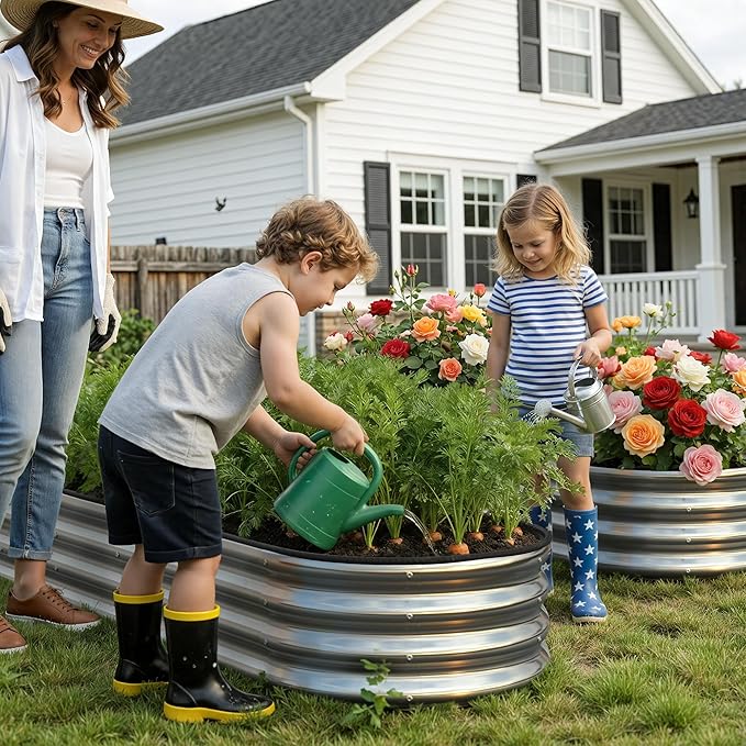 Galvanized Metal Raised Garden Bed Kit for Outdoor Planter Boxes with Easy Assembly,Oval Large Galvanized Gardening Raised Bed for Vegetables, Fruits, Flower (Silver, 4 * 2 * 1ft-2P)