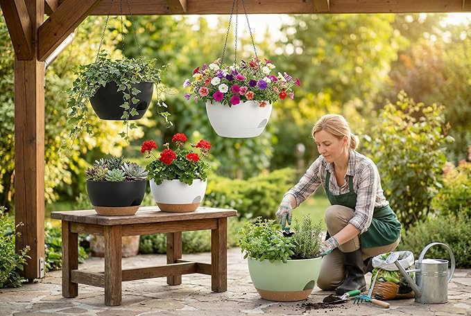 Hanging Planters 3-Pack, 8 Inch Self-Watering Hanging Pots with Drainage Hole and Chains, Plastic Planters for Indoor Outdoor（White Brown）