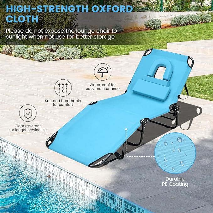 GYMAX Tanning Chair, 350lbs Beach Lounge Chair with Face Hole, Washable Pillow & Carry Strap, Adjustable Folding Chaise Lounge, Layout Lounger for Outside, Patio, Poolside, Lawn (2, Arctic)