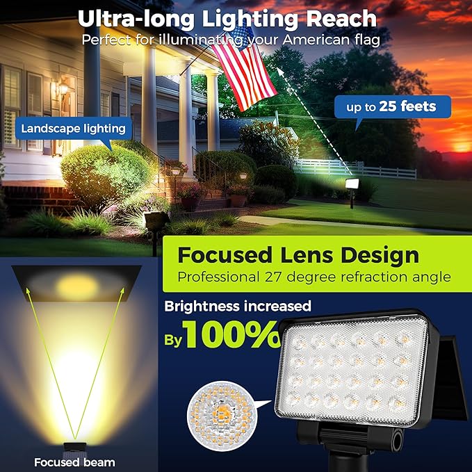 Solar Spot Lights Outdoor Waterproof for Flag, Tree, House, Garden, Yard, 3 Brightness Modes Solar Powered Landscape Spotlights 1 Pack Warm White