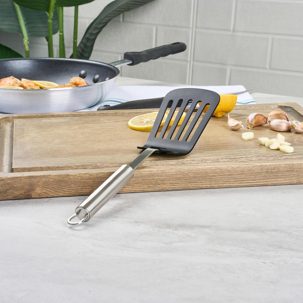 Restaurantware Nylon Slotted Turner - 6 Pack - German Standard Large Kitchen Spatula with Stainless Steel Handle, Non-Stick Safe, Dishwasher Safe - Heat-Resistant Slotted Spatula for Eggs, Fish