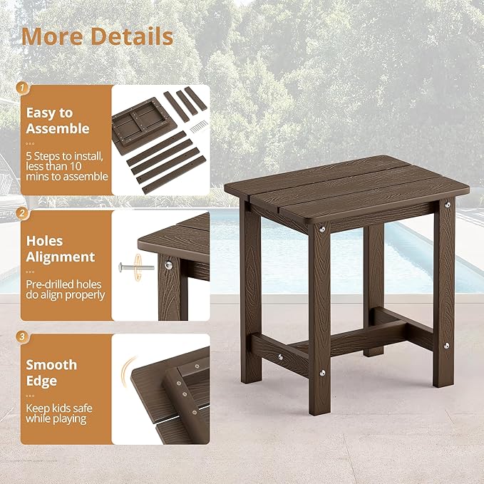 LUE BONA Outdoor Side Table Set of 2, HDPS Small Outdoor Table, Adirondack Side Table, Outside End Table for Patio, Deck, Pool, Weather Resistant/Easy Maintenance/Indoor or Outside Use, Dark Brown