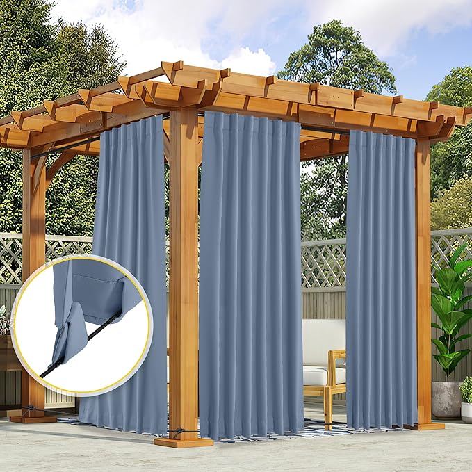 NICETOWN 2 Panels Outdoor Curtains Waterproof Pocket & Back Tab on Top & Bottom, Thermal Insulated Fixed Windproof Outdoor Drapes Privacy for Patio with Rope for Fixed, W52 x L108, Stone Blue