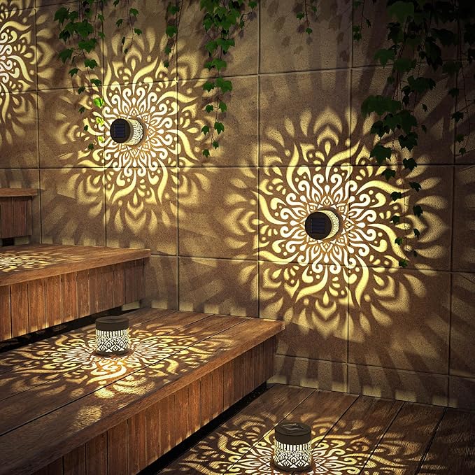 4 Pack Solar Fence Lights Metal Solar Powered Outdoor Wall Deck Step Lights Mandala Theme Waterproof Fence Light for Garden Post Patio Backyard Decor (4 Pack)