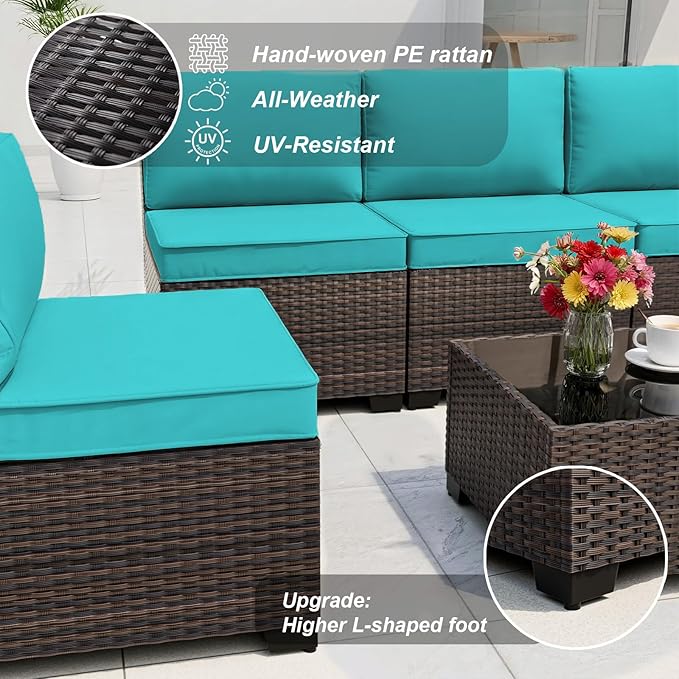ALAULM 10 Pieces Outdoor Patio Furniture Set with Propane Fire Pit Table Outdoor Sectional Sofa Sets Patio Furniture 43" Gas Fire Pit PE Rattan Patio Conversation Set w/8 Seat Cushions (Turquoise)