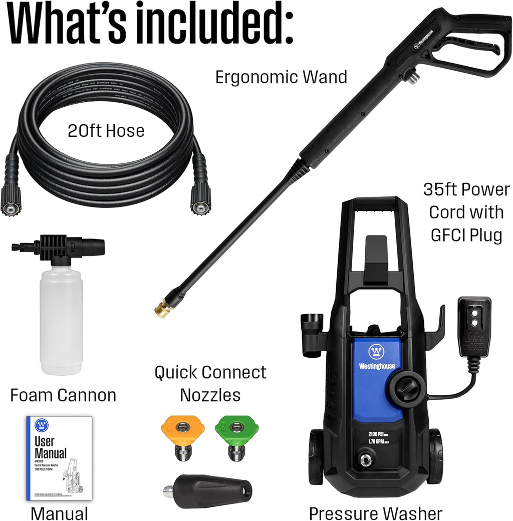 westinghouse epx3050 electric pressure washer, 2100 max psi, package contents