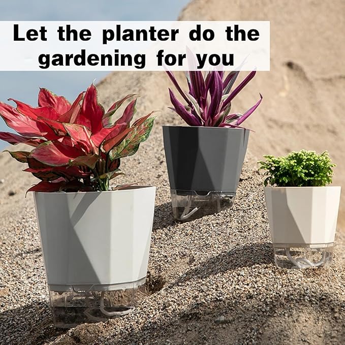 4 Packs Self Watering Plant Pots, Plastic Flower Pots with Drainage Hole and Saucer, Self Watering Planters for Indoor Outdoor Garden Plants, African Violet, Herbs (White, 5")