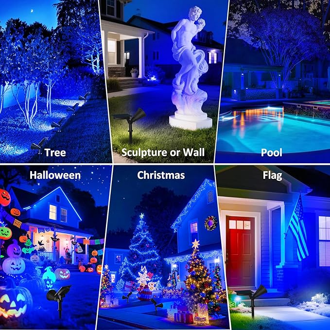 T-SUNUS Blue Solar Lights Outdoor Christmas, 2 Modes Garden Spotlights Waterproof IP65 Auto On/Off Security Landscape Pond Spot Light for Tree Flag Patio Garage Yard Driveway Pool Halloween 2 Pack