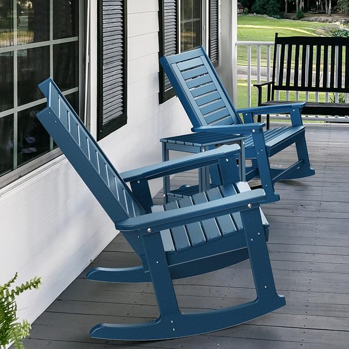 GREENVINES Outdoor Rocking Chairs | Set of 2 | Porch Rocker | HDPE Plastic | Blue | Oversized Rockers | High Back | Big & Tall | Ladder Back | for Patio Outside Backyard Balcony Garden