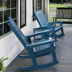 GREENVINES Outdoor Rocking Chair Set | 3-Piece | 2 Rocking Chairs with 1 Side Table | Porch Rocker | HDPE Plastic | Blue | Patio Furniture Sets | High Back | Big & Tall | Ladder Back