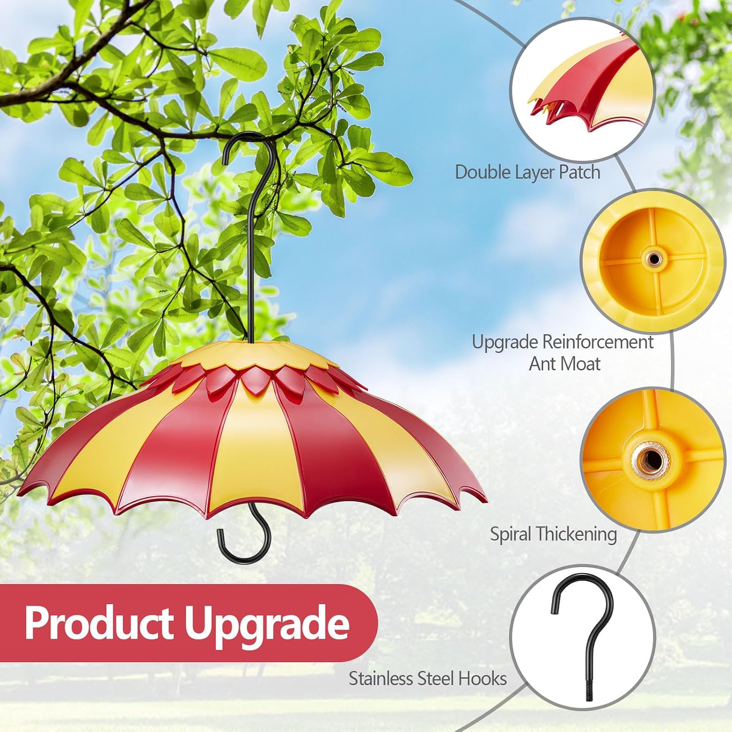Beserie Hummingbird Feeder Umbrella Cover 14" with Ant Moat Big RedYellow | Dome Shade Weather Rain Guard, Hanging Squirrel Baffle for Bird feeders, Anti Sun/Snow/Ants Keep Nectar/Seed Fresh 3 Hooks