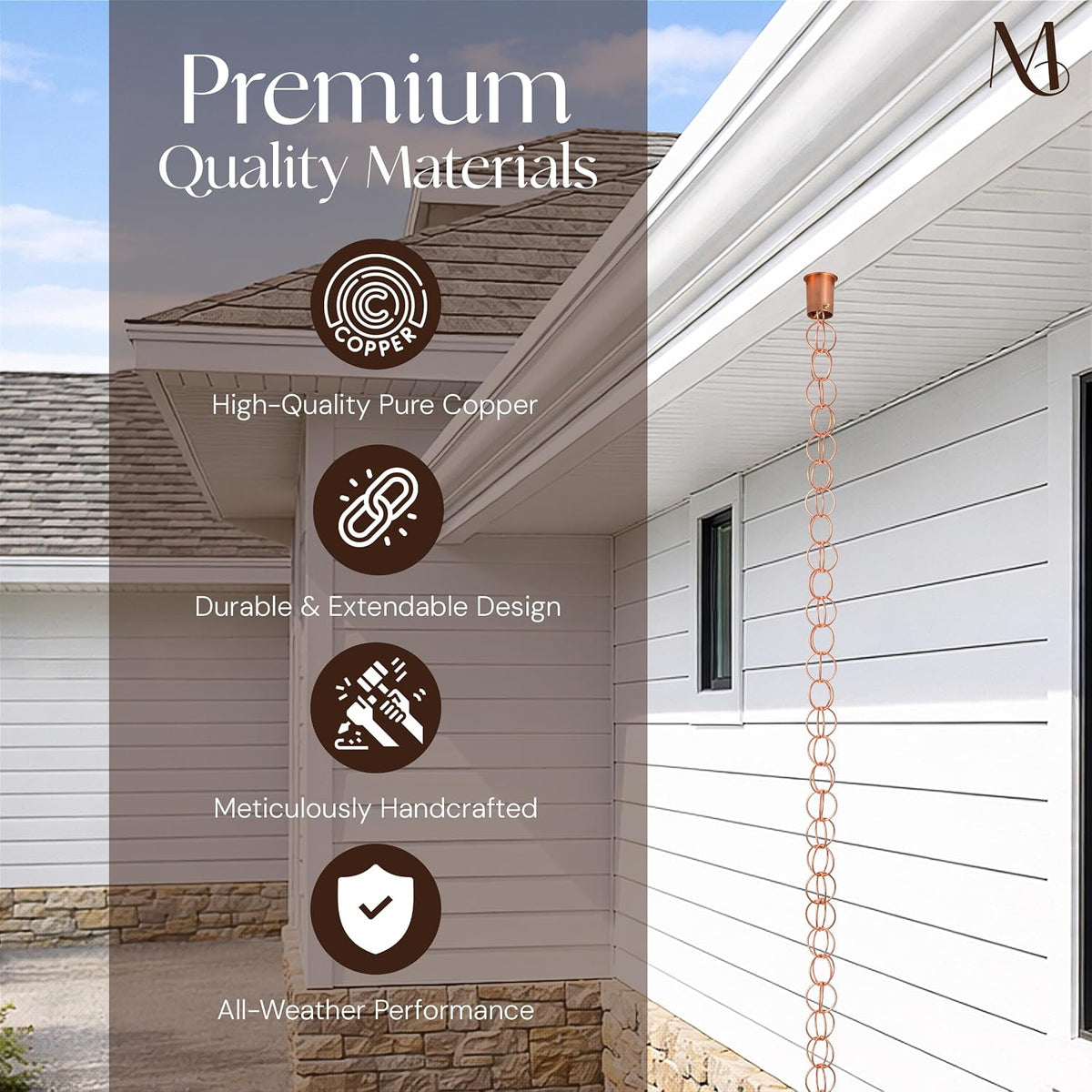 monarch rain chains pure copper ring rain chains, side view