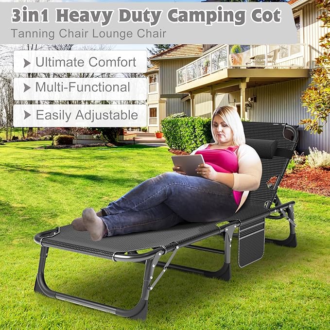 ABORON 2PK Oversized Chaise Lounge Chair,5 Positions Padded Outdoor Tanning Chair,Heavy Duty Portable Chair for Sunbathing Patio Pool Lawn Deck Poolside,Support up to 440 Lbs, Deep Black-2 Set