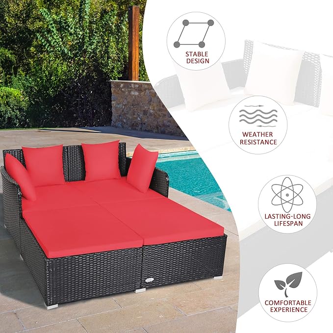 COSTWAY Outdoor Patio Rattan Daybed, Sponge Cushioned Loveseat Sofa with 4 Pillows, Wicker Furniture Sunbed for Balcony, Courtyard (Red)