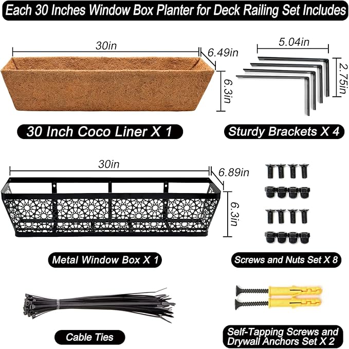 Halatool 2Pack 30 Inch Window Box with Coco Liner Sturdy Metal Railing Planter with Coconut Coir Basket Liners for Window Deck Fence Porch and Patio Outdoor Indoor Lawn