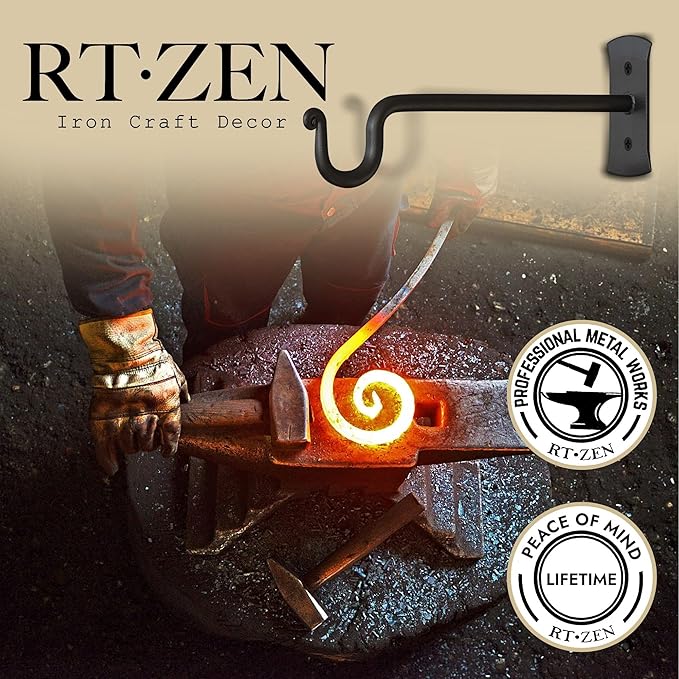 RTZEN Plant Hangers Indoor or Outdoor - Wrought Iron Metal Hanger Indoor Hook - Heavy Duty Wall Bracket Hooks for Hanging Plants Baskets Lanterns Wind Chimes - 2 Pack (Black Shepherds Hooks 10")