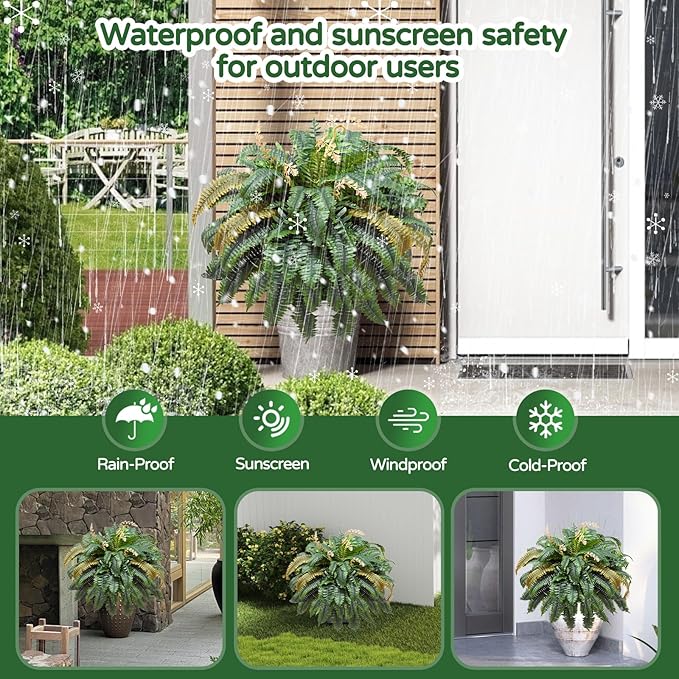 Large Autumn 88 Leaves Artificial Ferns for Outdoors Look Real, Fake Large Faux Boston Ferns for Outdoor Planter Realistic UV Resistant Artificial Fake Plants for Porch Patio Hanging 47 inch