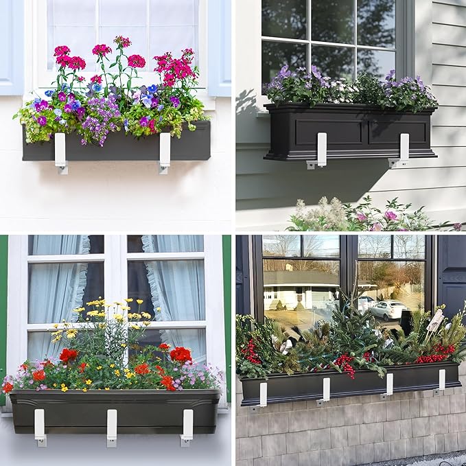 Y&M 2 Pack Adjustable Planter Brackets (6 to 12.5 in), Universal Window Box Mounting Hooks, Heavy Duty Iron Flower Box Wall Mounts for Balcony, Fences, Patio, and Garden - White