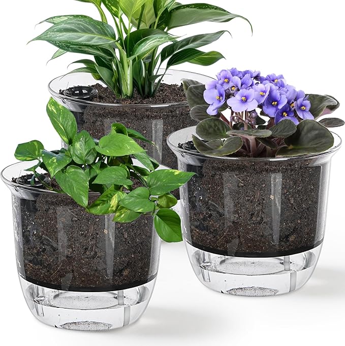 Plant Pots 6 inch Set of 3, Self Watering Pots for Indoor Outdoor Plants Flowers, Self Watering Planters with Reservoir, Drainage Hole and Absorbent Cotton Rope (3 Large)