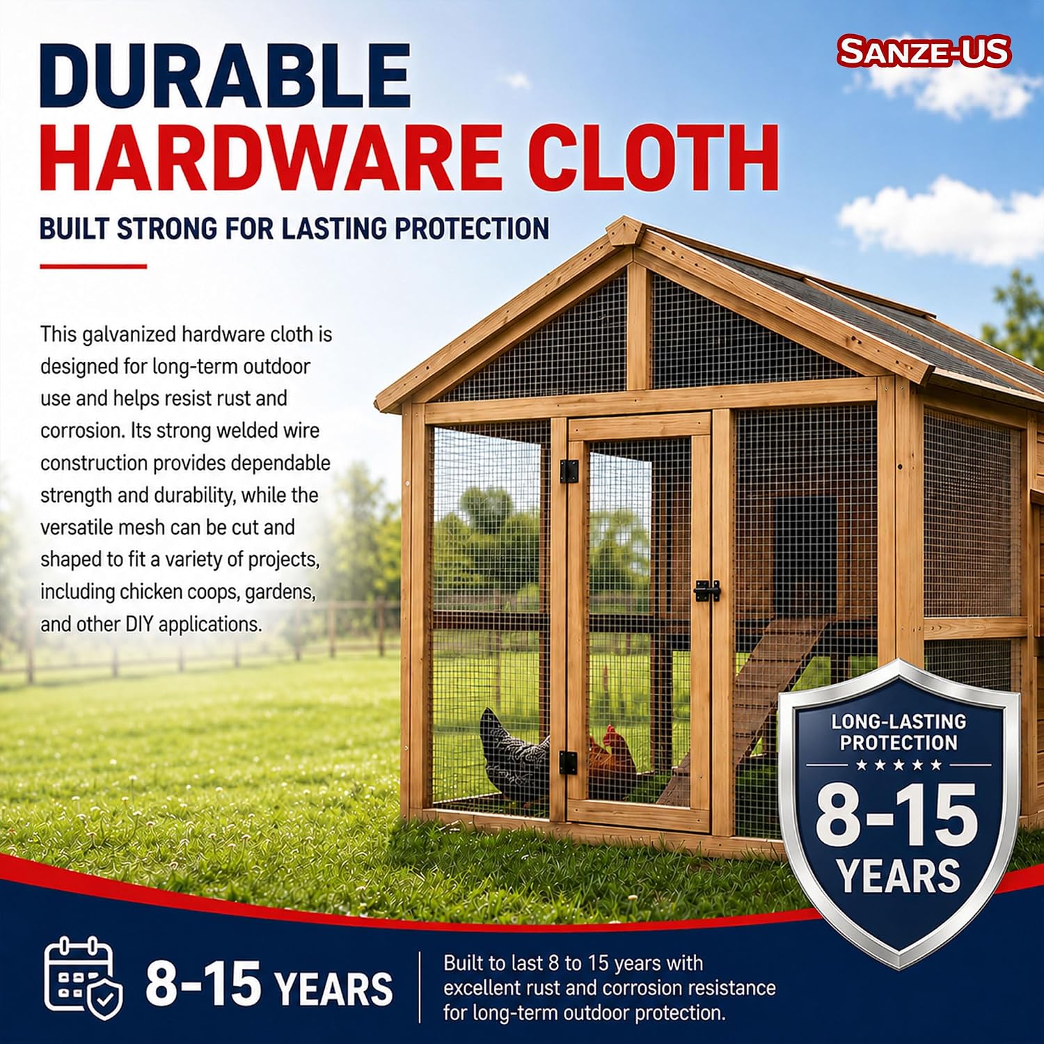 SANZEUS Hardware Cloth, 48in x 100ft 1/2in Mesh, 19GA Chicken Wire Fencing | Hot-dip galvanized after welding, heavy-duty wire mesh, rust resistant, chicken coops, garden beds, rabbit cages, tree guards