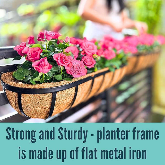 LaLaGreen Outdoor Wall Planter - 6 Pack, 30 Inch Large Metal Basket with Coco Liner, Long Window Flower Box Deck Railings Hanging Horse Trough Balcony Plant Pot Garden Fence Balcony Patio Rail