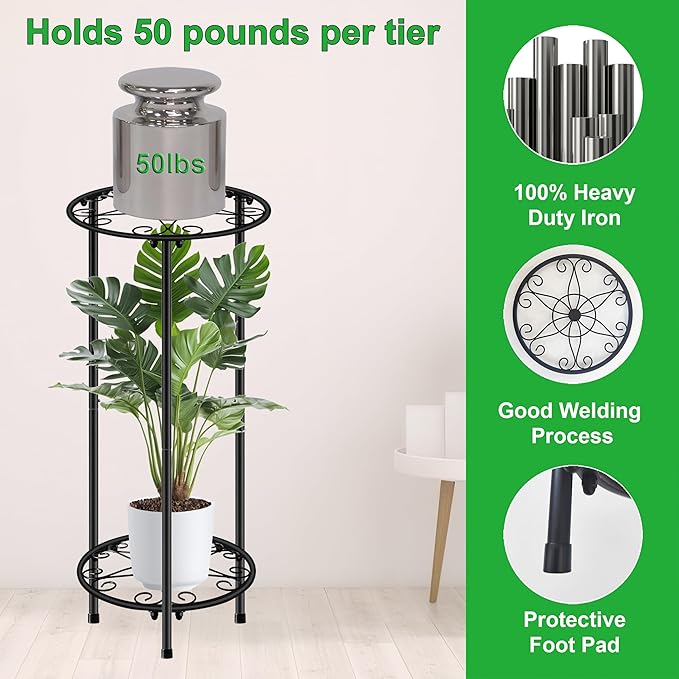 CASIMR Plant Stand Indoor Outdoor, Metal Rustproof Flower Shelf 2 Tier 23.9 inch, Tall Multiple Plant Pot Holder Rack for Garden Patio Living Room Corner Balcony, Black