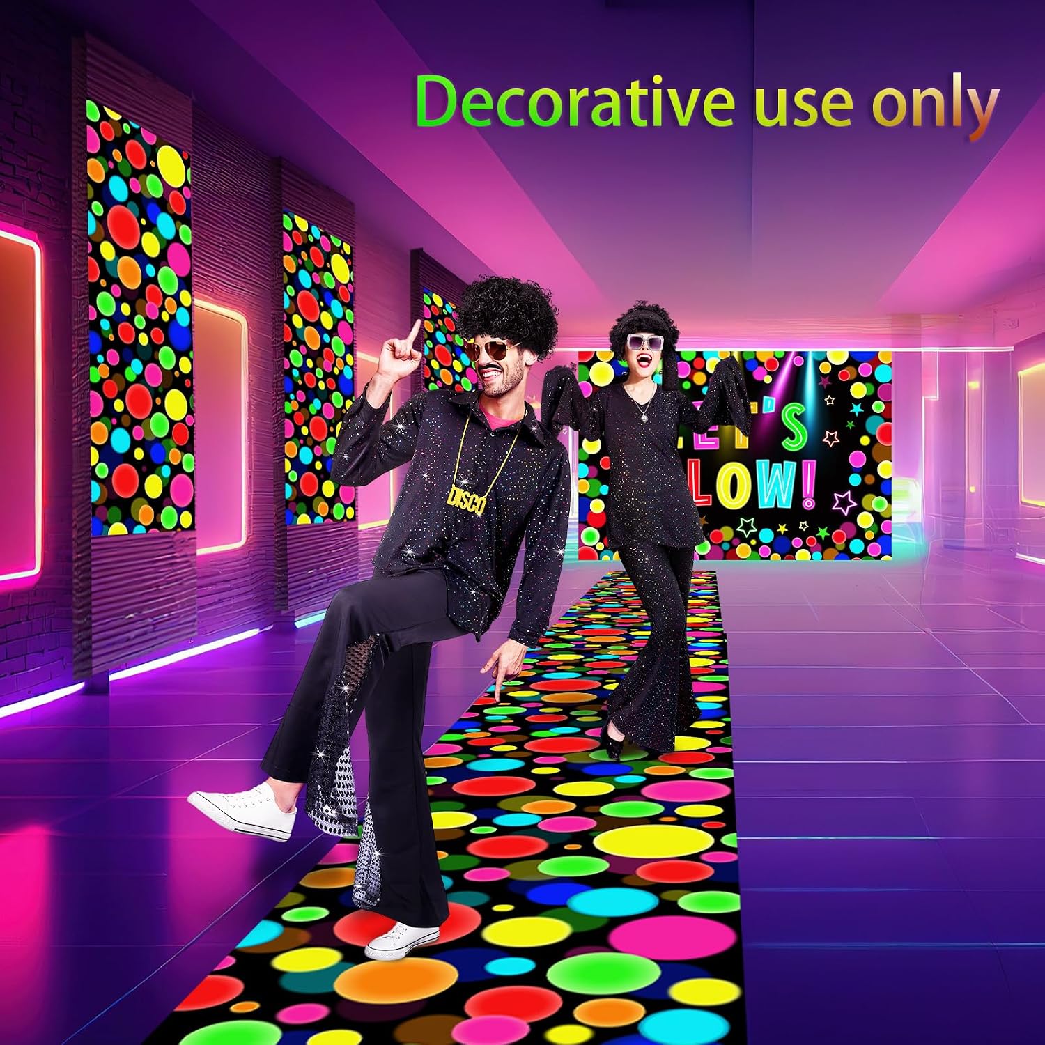HunnmingRe 2 Pcs Glow in the Dark Party Backdrop Dance Floor Rug, Dot | Neon Backdrop 3.9x5.9ft, 39x118in Light up Floor Mat, Photo Booth Background for Bar Disco Birthday 70s 80s Glow Party
