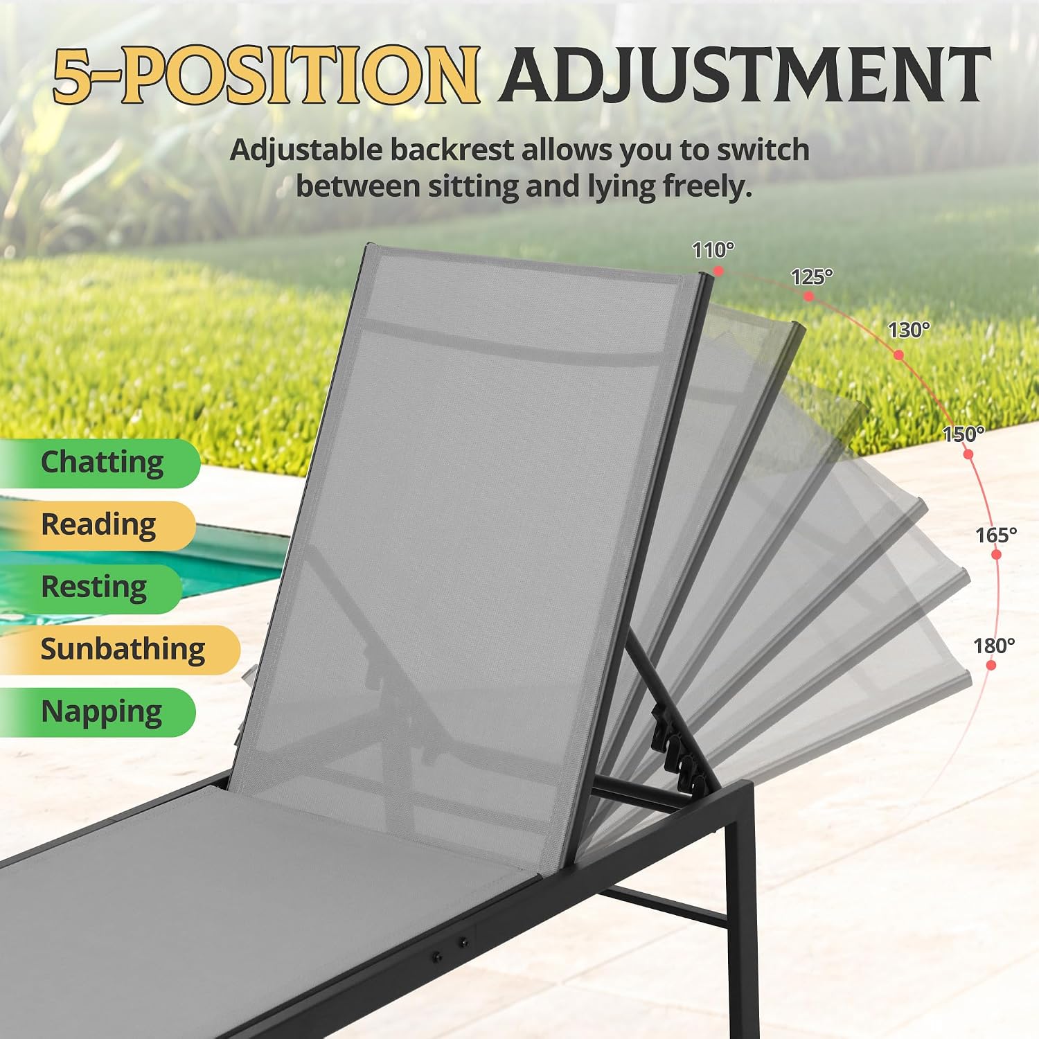 Chaise Lounge Chair Outdoor, Patio Lounge Chair with Adjustable 5-Position, Pool Lounge Recliner Chairs for Outside, Beach, Yard,Gray