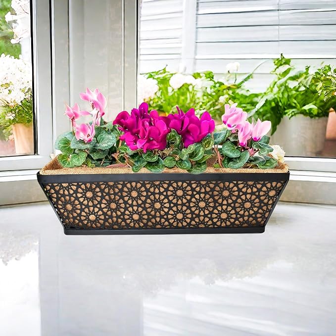 2 Pack 24" Railing Planter Window Box Deck Balcony Rail Planter Black Metal Flower Basket Horse Trough Planters with Coco Fiber Liner for Porch Fence Patio Outdoor