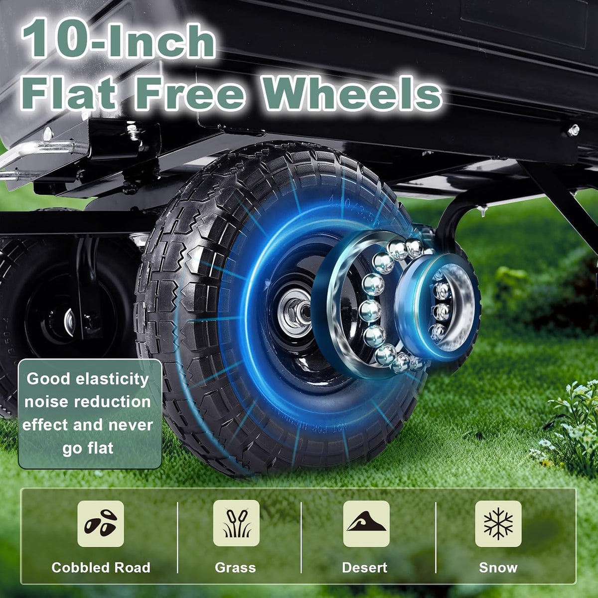 garden dump cart 660lb heavy-duty steel frame flat-free, close-up detail