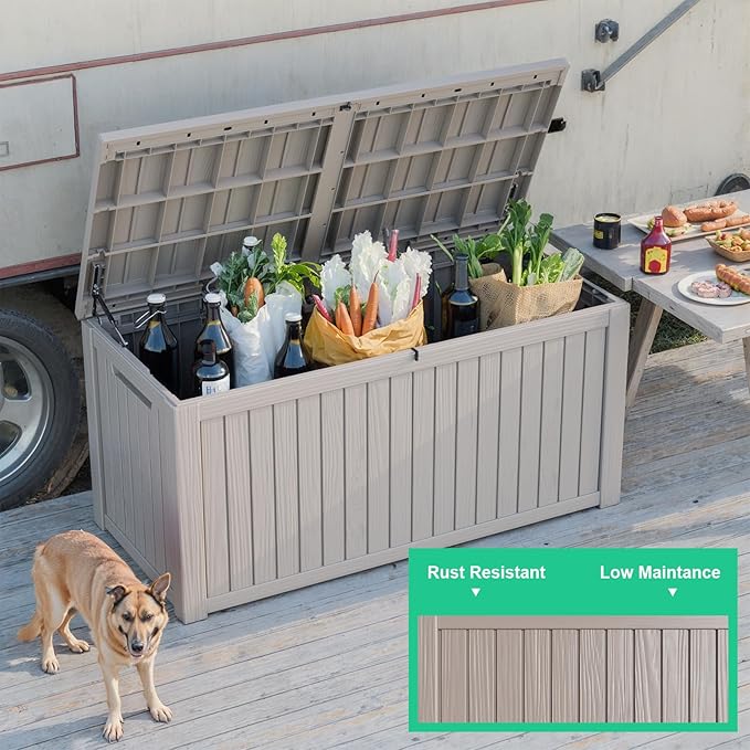 200 Gallon Outdoor Deck Box, Lockable Waterproof Outdoor Storage Boxes For Garden Tools,Indoor Cushions,Accessories Outside Storage Resin Weatherproof Container(Grey)