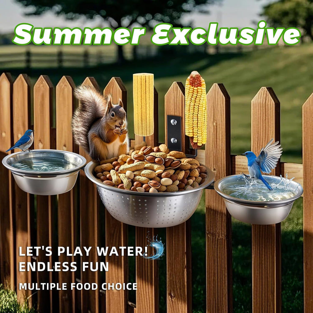 3-Hoop Squirrel/Bird Feeder, 2025 Cute Metal Bowl Outside Tree Mounted,1 x 8.5in Drainage Bowl+2 Corn Cob Spikes for Dry Food,2 x 5in Solid Bowls for Wet Food/Water, Perfect Squirrel Feeders for Yard