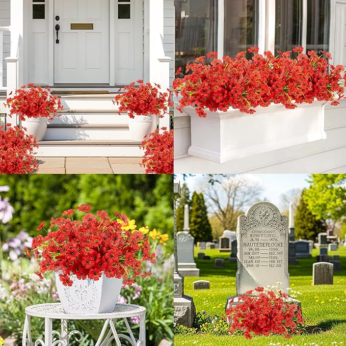 MACTING Artificial Flowers for Outdoors Fake Spring Flowers UV Resistant No Fade Faux Plastic Plants for Hanging Planters Window Patio Porch Yard Garden Home Indoor Outside Summer Decorations(Red)