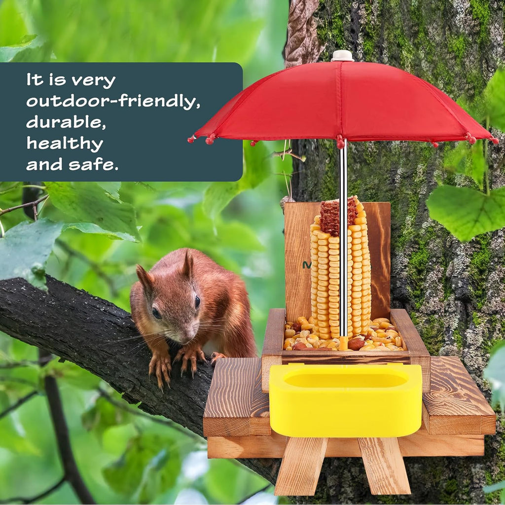 Wooden Squirrel Feeder Table with Water Bowl, Squirrel Picnic Table for Outside with Umbrella, Brown Squirrel Feeder with Corn Cob Holder Cute Chipmunk Feeder (Brown)