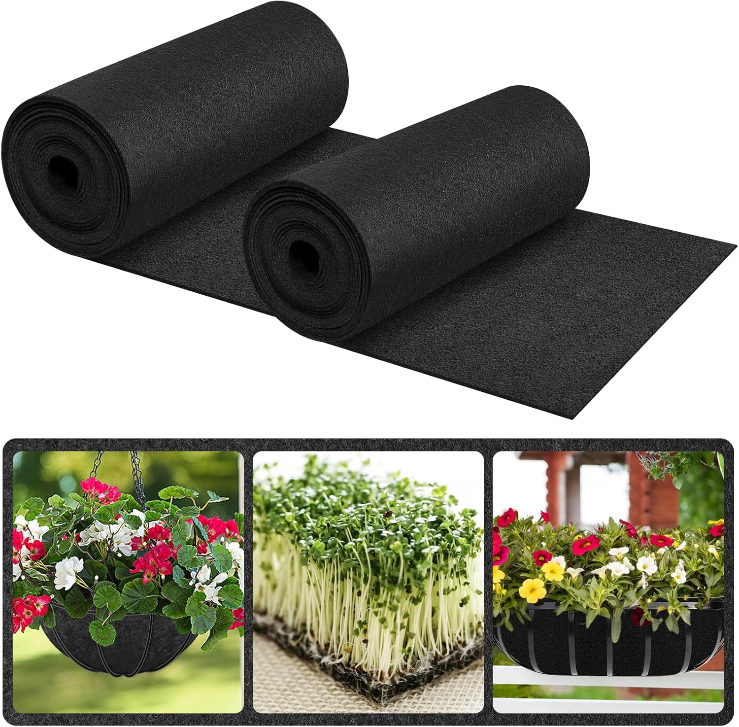 Riare 16x80 Inch Black Felt Planter Liner Roll- 2 Rolls Non-Woven Fabric Planter Liner for Outdoor Plants, Coco Liner Roll Alternative Basket Planter Liner for Planters Hanging Basket Window Box