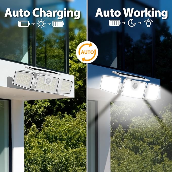 INCX Solar Motion Sensor Lights Outdoor, 3 Heads Security Lights Solar Powered, 156 LED Flood Light Motion Detected Spotlight for Garage Yard Entryways Patio, IP65 Waterproof, White, 1 Pack
