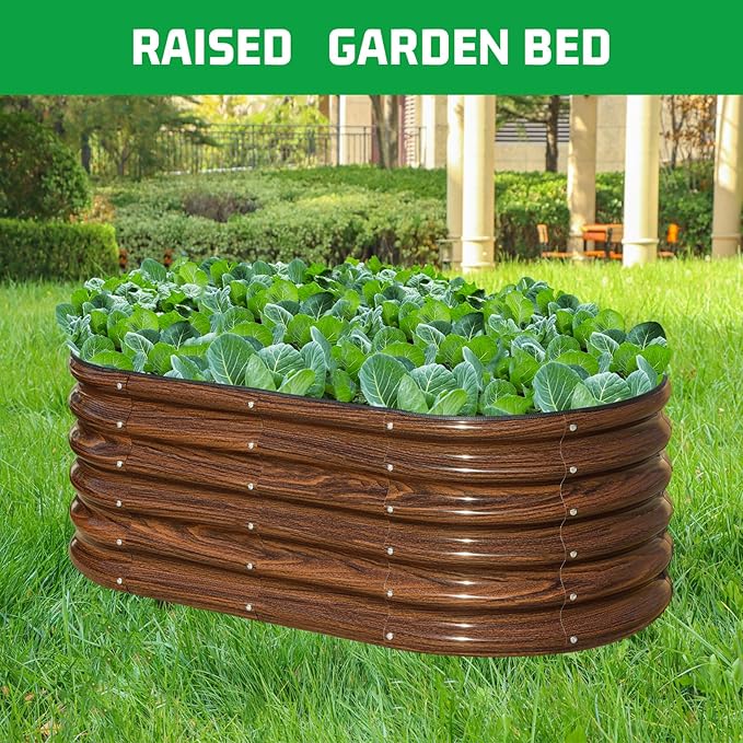 SnugNiture 4x2x1.5ft Raised Garden Bed Outdoor, 17" Tall Galvanized Metal Planter Box, Oval Raised Garden Bed Kit for Planting Vegetables Plants Fruits, Brown (Pack of 2)