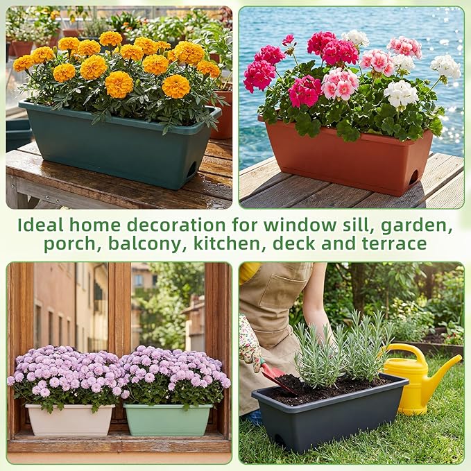 18 Pack Window Box Planter 17 Inches Rectangular Vegetable Flower Planters with Drainage Holes and Saucers Plastic Flower Pots Coloful Herb Planter for Indoor Outdoor Patio Garden Home Decor