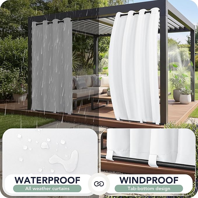 Outdoor Curtains for Patio Waterproof 6 Panels - Windproof, Privacy, Weatherproof Outside Drapes for Gazebo Pergola Porch, Grommet Top and Tab Bottom, 54x120 Inch, White