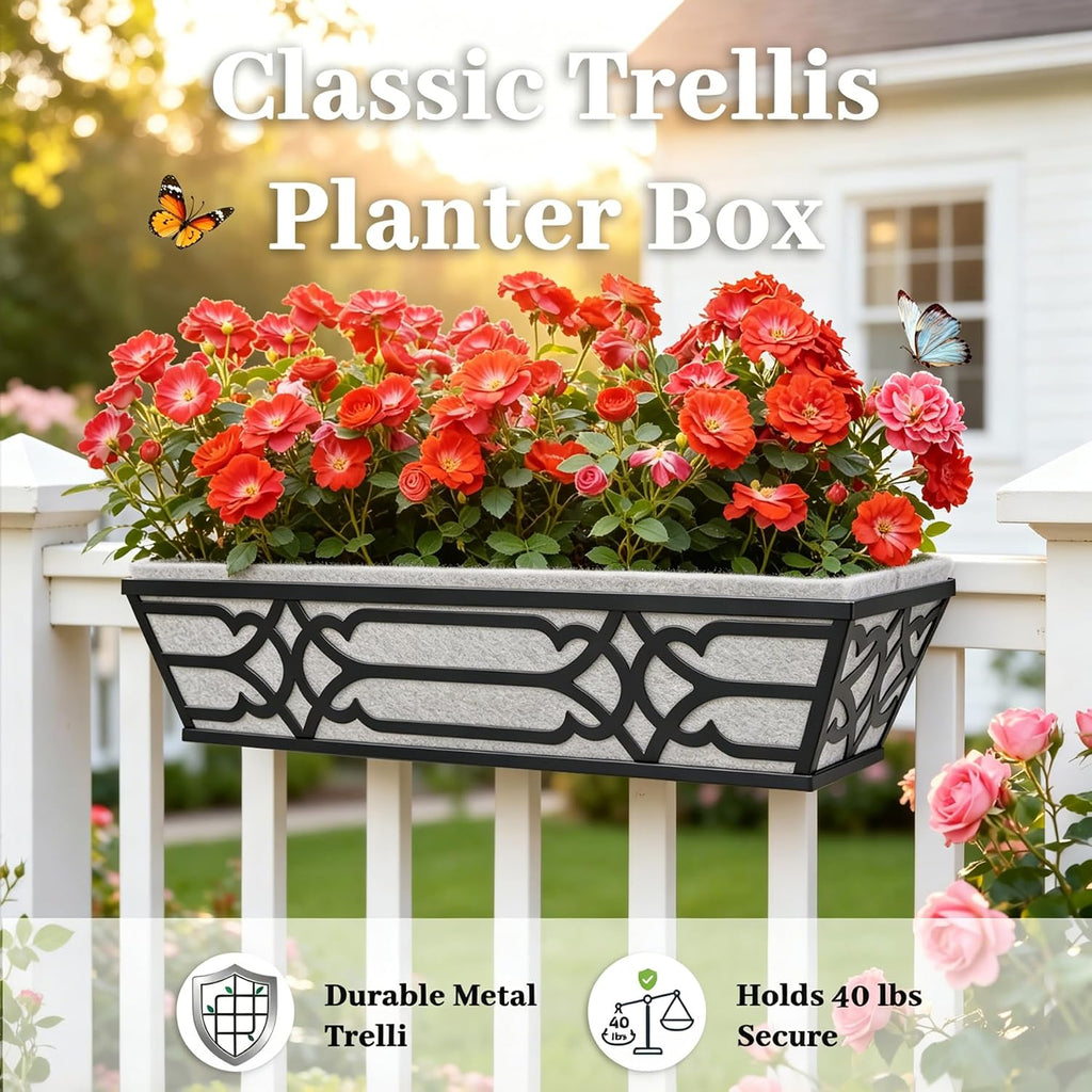window planter box, railing planter box with non-woven shown in use