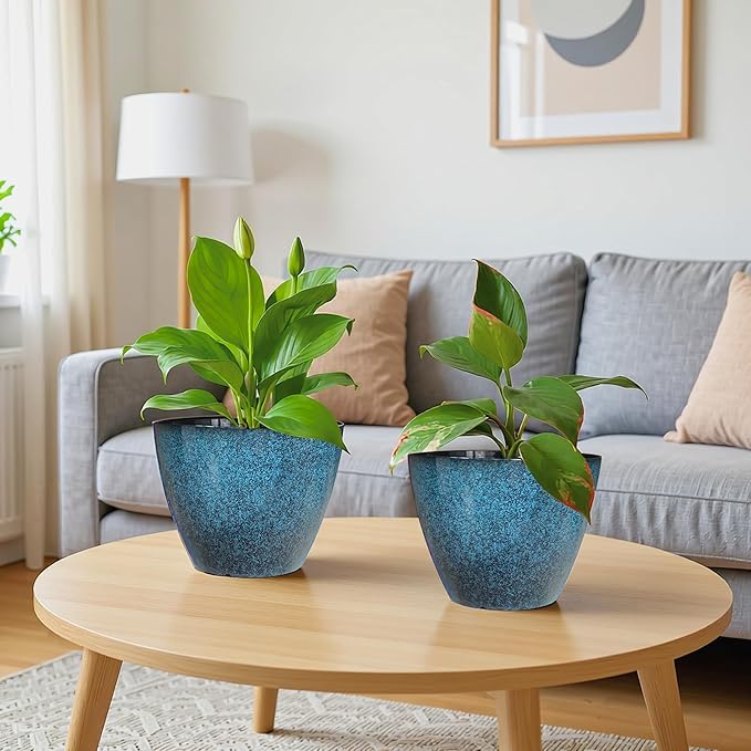 8 inch Plant Pots, Pack of 4 Plastic Planter for Indoor Outdoor Plant with Drainage Holes and Saucers, Flower Pots for Garden Home Decor (Blue, 4pcs)