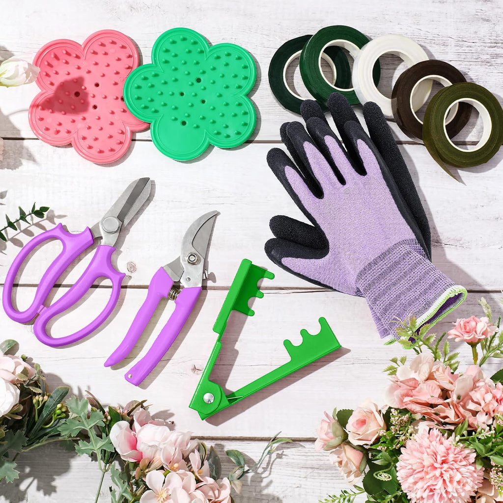 WILLBOND 121 Pcs Floral Arrangement Tool Kit, Rose Thorn Remover Pruner Trimmer Gloves 22/26 Gauge Paddle Tie Stem Pearl Corsage Pin Pruning Shears, Florist Tool Gift for Women
