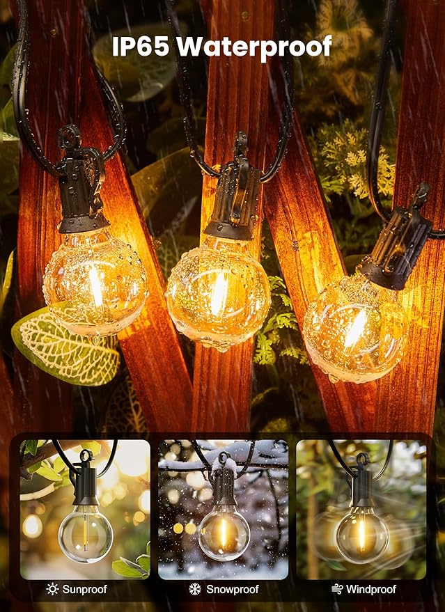 Brightown Outdoor String Lights, 50FT 25 G40 Bulbs Shatterproof Patio Lights, IP65 Waterproof Dimmable Hanging Connectable Globe LED Outdoor Lights for Backyard, Bistro, Porch, Deck, Balcony