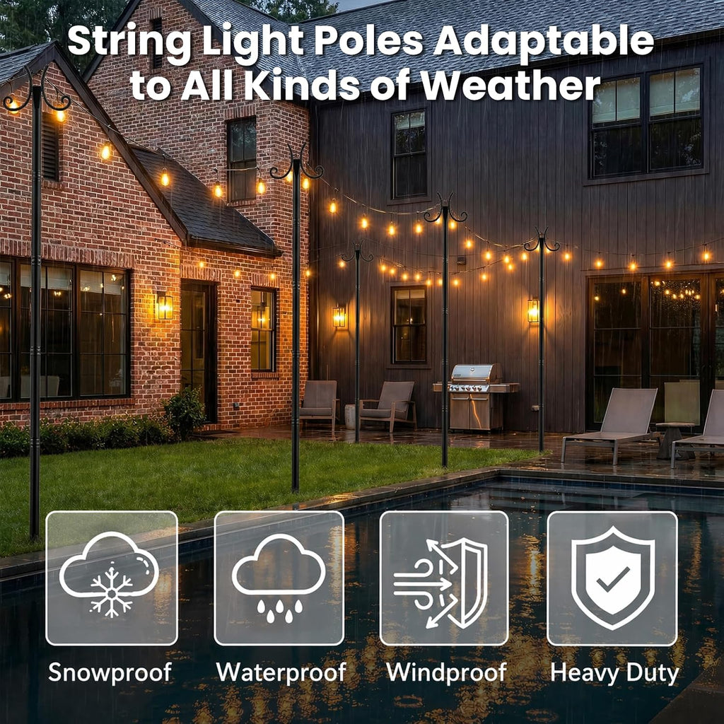 2 Pack String Light Poles for Outside, 10 FT Heavy Duty Metal Festoon Poles with 4-Prong Ground Stake, Adjustable Height Light Stand for Backyard Garden Patio Wedding Party