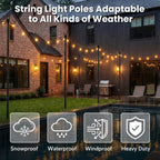 2 Pack String Light Poles for Outside, 10 FT Heavy Duty Metal Festoon Poles with 4-Prong Ground Stake, Adjustable Height Light Stand for Backyard Garden Patio Wedding Party