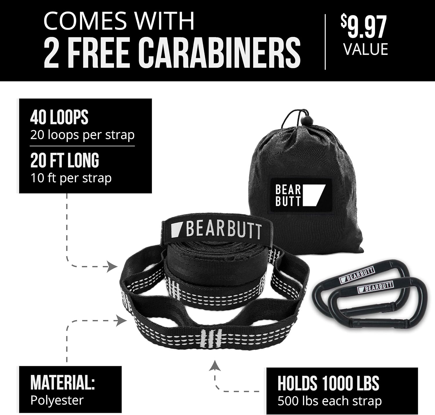 Bear Butt Kodiak Hammock Straps for Trees - 20 Feet Long, 40 Combined Loops - Holds 1000 Pounds - Camping Accessories With Carabiner