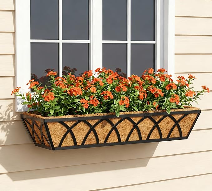 Y&M Planter, 24in Metal Box with Coco Liner, Indoor Outdoor Window/Railing Planter, 2pcs, Black